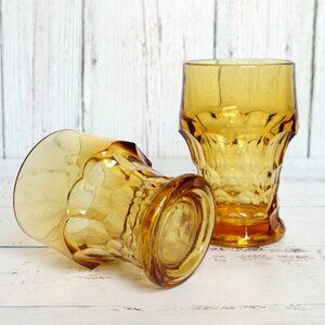 Vintage Georgian Amber Viking Flat Tumbler Set 12 oz + 9 oz) Thumbprint Glasses